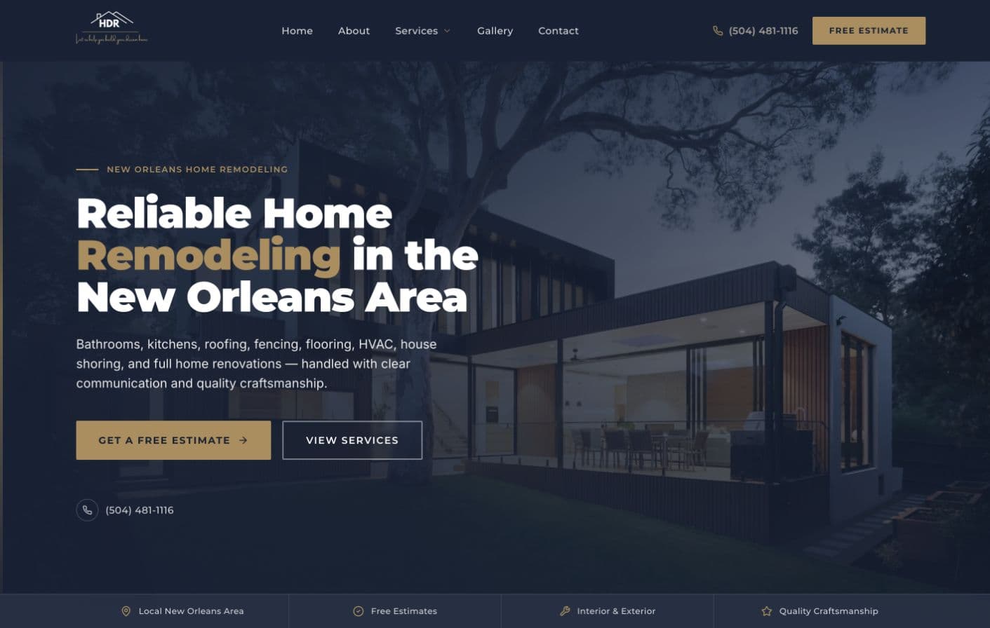 HDR Remodeling website featuring home renovation services and residential imagery