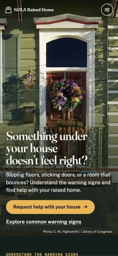 NOLA Raised Home live homepage at phone width, captured October 11, 2026
