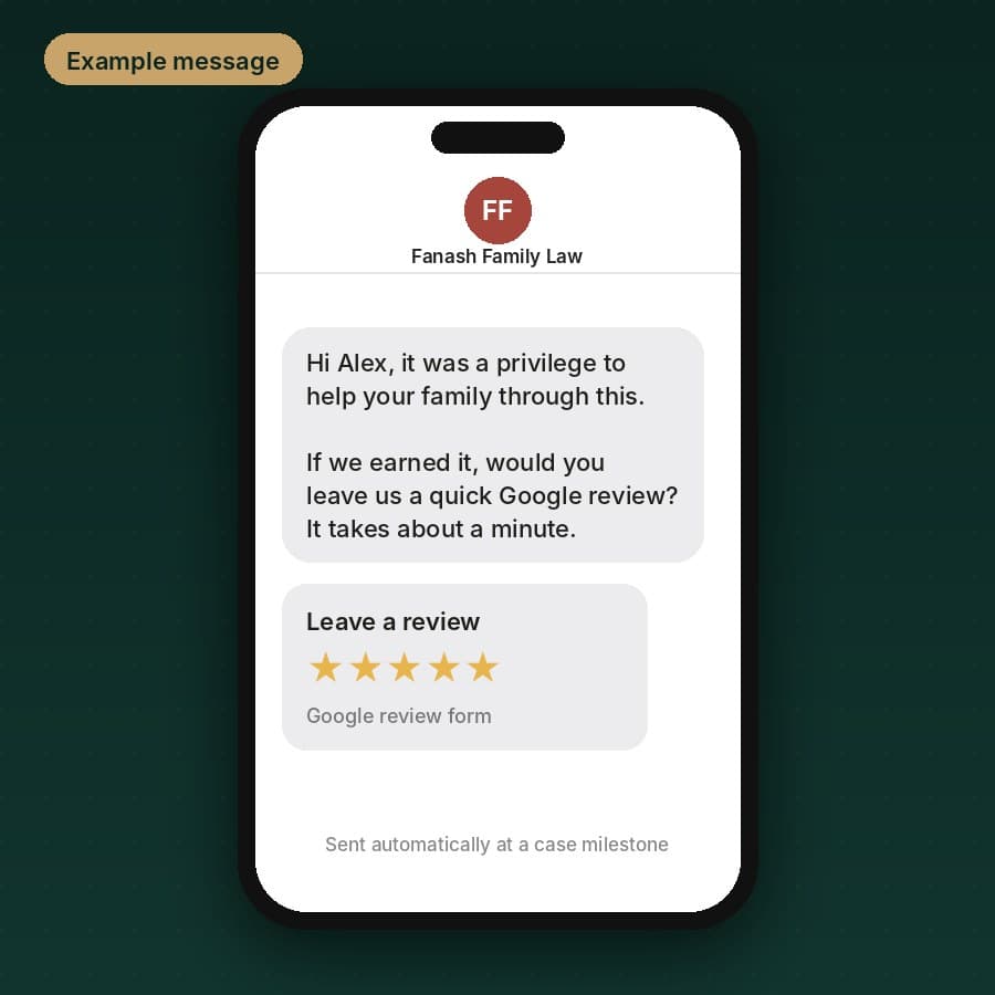 Example of an automatic review request text from Fanash Family Law asking a client for a quick Google review