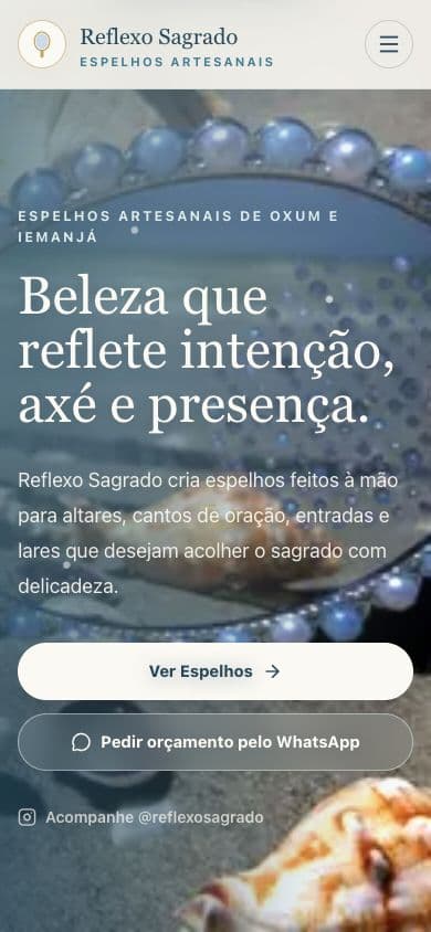 Reflexo Sagrado live homepage at phone width, captured October 11, 2026